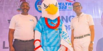 Asaba 2022 mascot with Sports Minister and Delta Governor