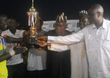 Ter Mbakor II leads in presentation of trophy to 2022 Anniversary Cup champions, Nativitas FC of Tarhembe