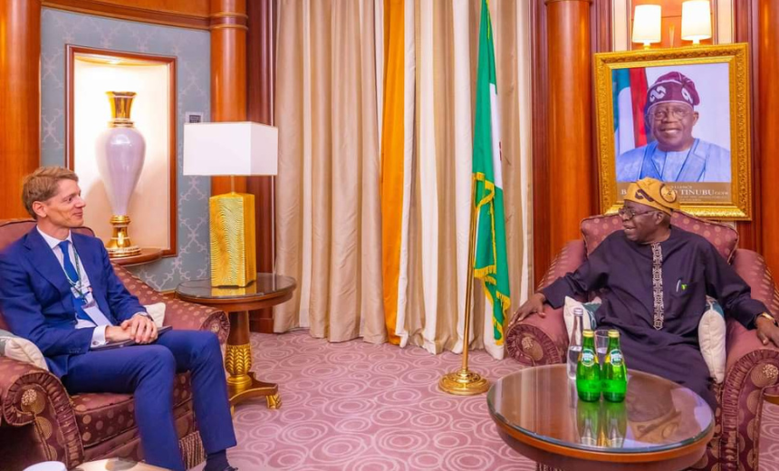 AIT-IMAGES - President Bola Tinubu meets Chairman of Danish shipping and logistics company, A.P Moller-Maersk, Robert Maersk Uggla, on sidelines of World Economic Forum Special Meeting in Riyadh, Saudi Arabia